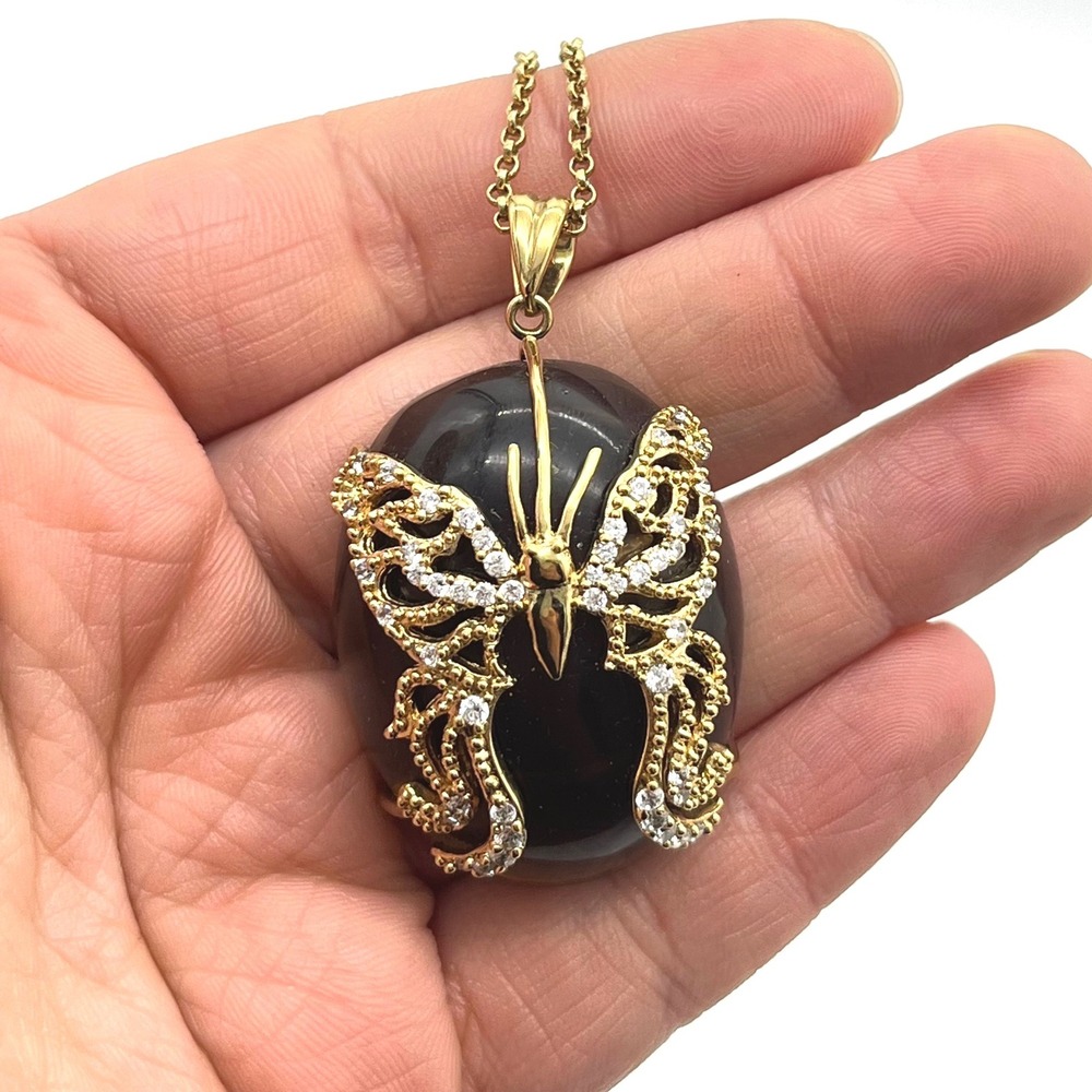Daniella Swaebe Gold Tone Crystal Butterfly Smoky Cabochon Pendant Necklace